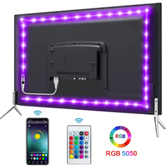 TV with RGB LED strip lighting, smartphone app control, and remote control displayed.
