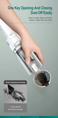 Hand holding a vacuum cleaner with text on one key opening and closing, dust off easily.