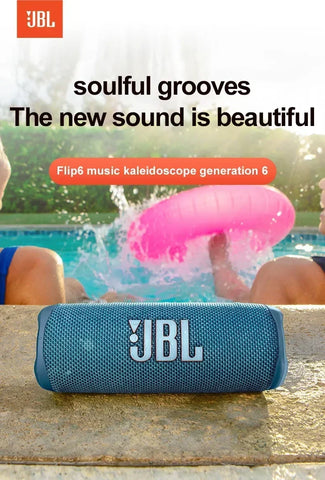 JBL speaker with people in a pool and 'soulful grooves' text