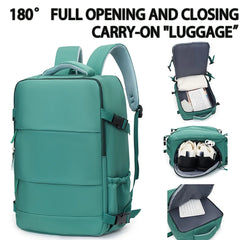 Teal backpack with multiple compartments and open sections on a white background