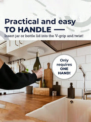 Person using a kitchen tool to open a bottle in a modern kitchen.