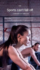 Woman wearing wireless earbuds in a gym setting with text about sports earbuds.