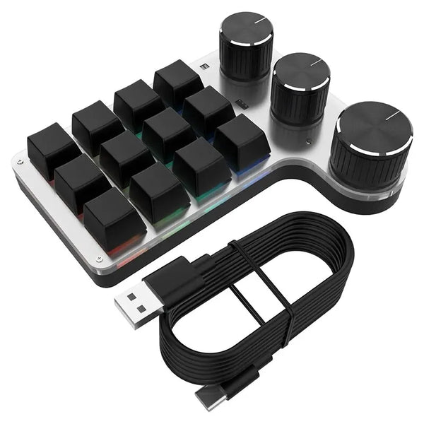 Bluetooth RGB Macro Keyboard – 3 Knobs, 12 Keys, Programmable Mechanical Hotswap Keypad