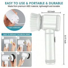 White handheld cleaning brush with USB charging feature, brush head replacement instructions, and dimensions on a white background.