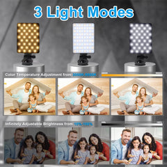 LED light panel with three light modes and color temperature adjustment on a gray background.