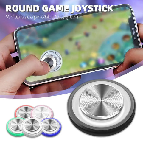Round game joystick being used with a smartphone, with additional joystick colors shown below.
