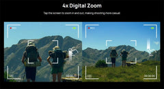 Digital zoom feature demonstration on a camera screen with two people in a mountainous landscape.