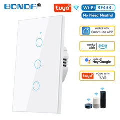 BONDA Tuya WiFi Smart Wall Switch RF433 in black and white, with touch sensor buttons, compatible with Amazon Alexa and Google Assistant, does not require neutral wire.