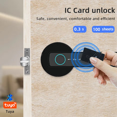 Door lock with IC card unlock feature, showing a hand holding a card approaching the lock.