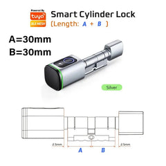 Smart cylinder lock with dimensions labeled on a white background