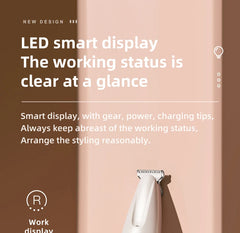 Hair trimmer with LED smart display on a brown and pink background
