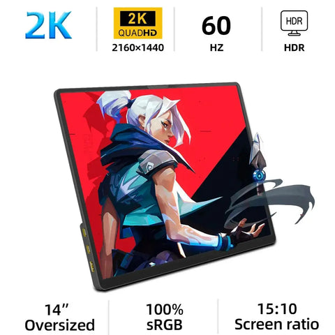 "ZSUS 14'' 2K Portable Monitor – 2160×1440 Resolution, 60Hz Display for Laptop, Xbox, PS4/PS5, Switch, TV Box, PC, and Mobile Devices"