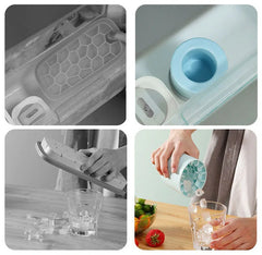 Collage of a kitchen ice cube tray with various views and uses.