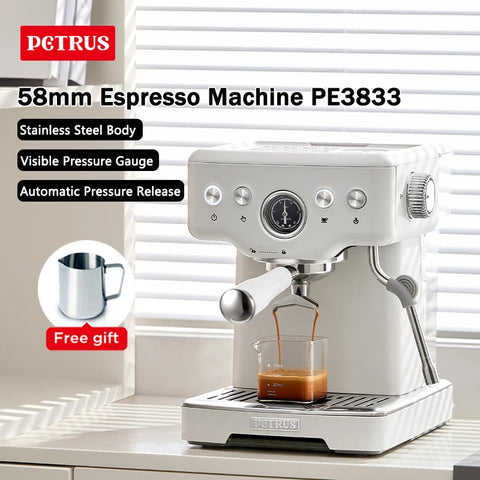 Professional Espresso Coffee Machine by Petrus – 58mm Portafilter, Milk Frother & Steam Wand