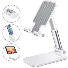 Multi-device stand with adjustable angles for phone, tablet, and laptop on a white background