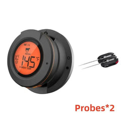 Digital thermometer with orange display and two probes on a white background