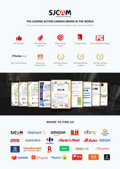 SJCAM brand page with awards and certification logos on a dark background