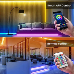 Smart home lighting control with smartphone app and remote control in a modern living room.