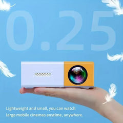 Hand holding a small projector with text on a blue background