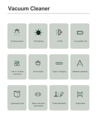Grid of icons representing features of a vacuum cleaner on a white background