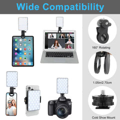 Collage of devices with a phone, tablet, laptop, and camera using a light stand and mount, with text 'Wide Compatibility' at the top.