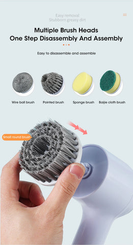 Hand holding a cleaning brush with interchangeable brush heads on a white background