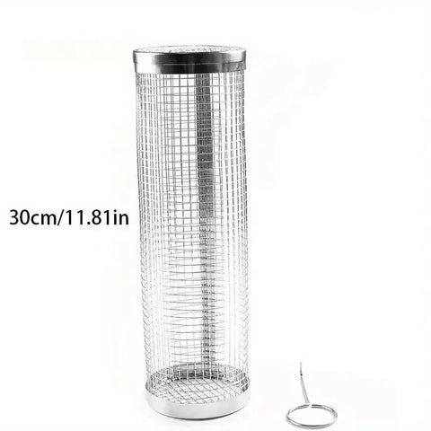 Metal mesh cylinder with a silver rim on a white background