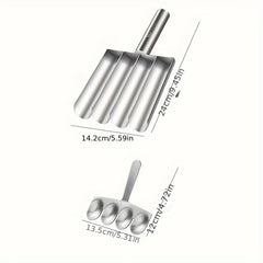 Stainless steel ice cream scoop with measurements on a white background