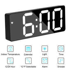 "Curved Mirror LED Alarm Clock with Temperature Display"