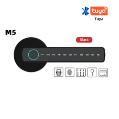 Black electronic door handle with keypad and Tuya logo on a white background