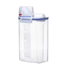 Clear plastic container with a white lid on a white background