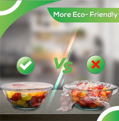 Comparison of using airtight containers vs. plastic wrap with text 'More Eco-Friendly' and icons.