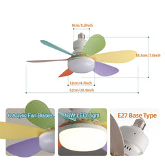 Colorful ceiling fan with dimensions and light bulb details on a white background