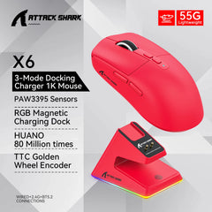 "Attack Shark X6 PAW3395 Gaming Mouse – Tri-Mode Bluetooth/2.4G/Wired, RGB, Macro Support, Magnetic Charging Base"