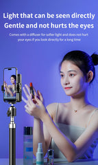 Woman holding a makeup product with text about light and eye safety on a blue background