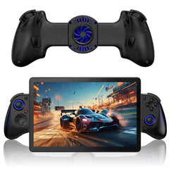 Gaming controller with attached tablet displaying a racing game on a white background
