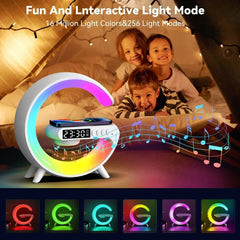 Children playing with a colorful light-up clock and moon-shaped night light in a bedroom.