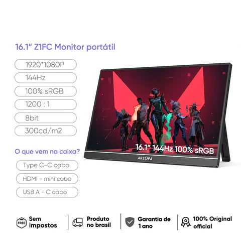 "ARZOPA 16.1'' Portable Gaming Monitor – 144Hz, 100% sRGB, Type-C & Mini HDMI Display for Laptop, PS4/5, Steam Deck, Switch, PC, Mac"