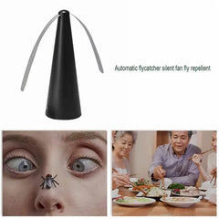 Black and gray fly repellent device with images of a fly on a person's face and people eating at a table.