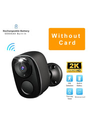 A black wireless outdoor security camera with a camera lens, displayed in conditions of sun, rain, and snow, indicating its IP66 waterproof feature.