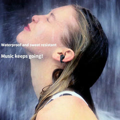 Person with waterproof earbuds underwater with text 'Waterproof and sweat resistant, Music keeps going!'.