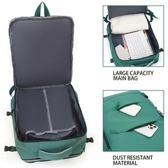 Green backpack with open compartment showing dust-resistant material and large capacity.