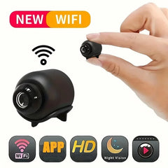 Small black camera with hand holding it, labeled 'NEW WIFI', icons for Wi-Fi, app, HD, night vision, and recording.