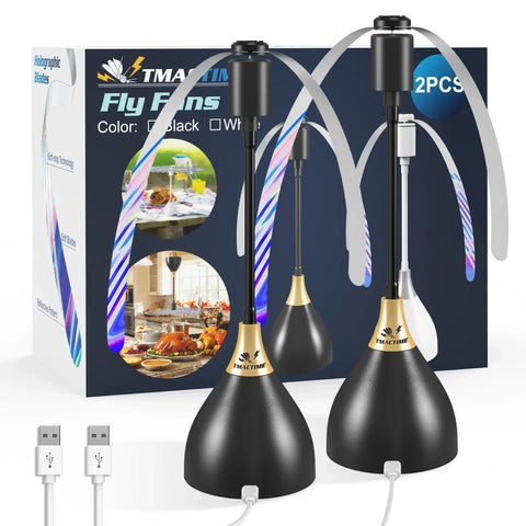 Black fly fans with USB cables in front of their packaging on a white background