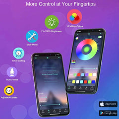 Two smartphones with colorful displays on a gradient purple and blue background, featuring app store logos.