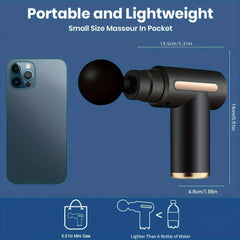 Portable massage gun next to a smartphone on a blue background with text highlighting its size and portability.