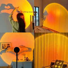 Collage of a room with a large circular light fixture casting a warm glow.