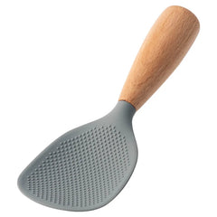 Gray kitchen spoon with wooden handle on a white background