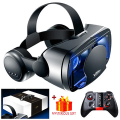 VR headset with controllers and a mysterious gift box on a white background