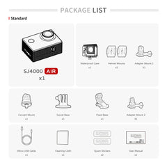 Package list for SJ4000 AIR camera with icons and text on a white background